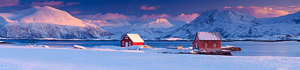 Artic Light, Norway. Rorbu (fisherman cabins) at sunset in Lapland, Arctic Norway. sommaroy stock pictures, royalty-free photos & images