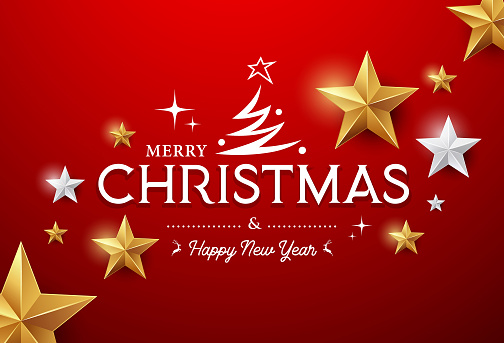Merry Christmas message vector, gold stars and silver stars design on red background, illustrations