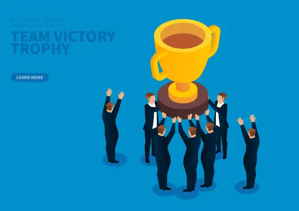Vector illustration of Business team celebrates victory and raises trophy