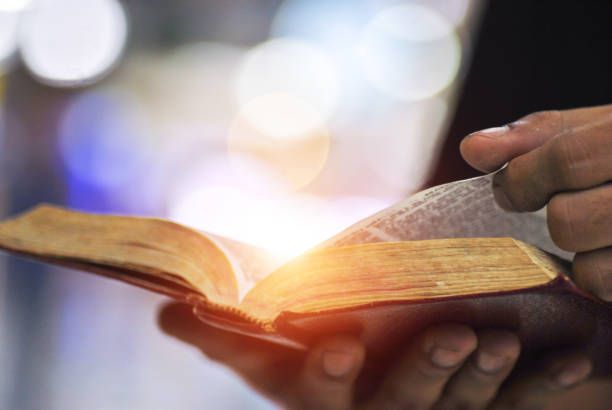 hombre sosteniendo el libro abierto en las manos. las manos masculinas sostienen un libro de tapa dura. educación, literatura, conocimiento, concepto de lectura. copiar espacio - bible study university old fashioned fotografías e imágenes de stock