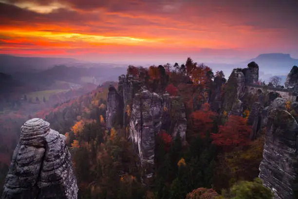 Bastei, Elbe Sandstone Mountains, Saxonia, Dresden, Germany, at sunrise