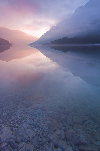 morning mist at lake plansee, tirol, austria, vertical stock photo