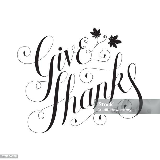 Giving Thanks Lettering Give Thanks Hand Lettering Banner Card With Leaves Stock Illustration ...