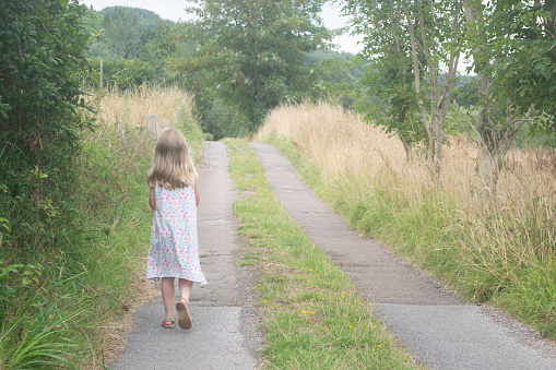 A lone child with their back to the camera walks down a rural country lane.