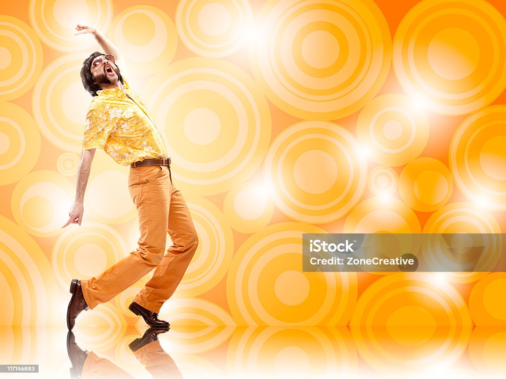 1970s vintage orange hawaiian shirt  man with sunglasses disco d  Dancing Stock Photo