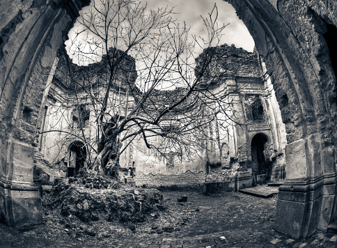 Ruins of the Holy Spirit Church in the Barracks of the Arakcheevsky Regiment, a military settlement of the 19th century in Russia, Novgorod region