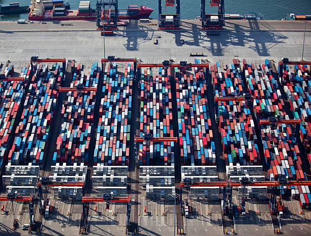 Aerial view of red and blue boxes stock photo