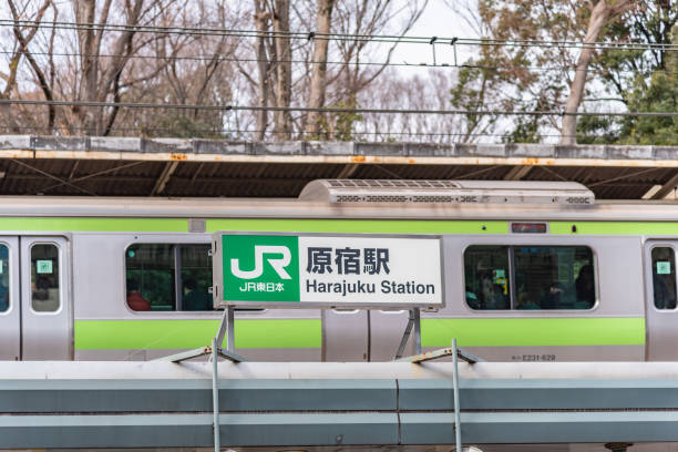 tokio, japonia - 25 stycznia 2019.znak dworca kolejowego harajuku i pociąg liniowy yamanote w tle. ten dworzec kolejowy obsługiwany przez east japan railway company (jr east). - harajuku district zdjęcia i obrazy z banku zdjęć