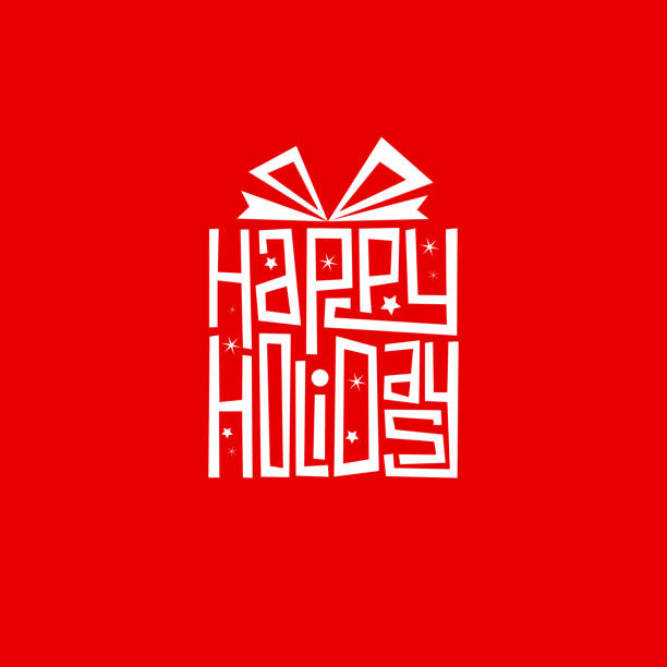 HAPPY HOLIDAYS hand lettering in gift shape card HAPPY HOLIDAYS white hand lettering typography in gift shape on red background christmas card illustrations stock illustrations