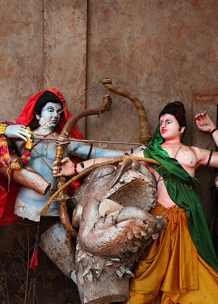 Idol of Goddess Devi Durga at a decorated puja pandal in Kolkata, West Bengal, India. Durga Puja is a famous and major religious festival of Hinduism that is celebrated throughout the world.