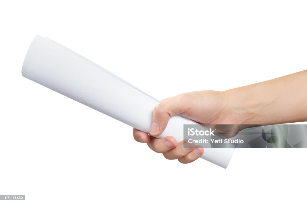 Paper With Hand Hand Holding Paper Roll On White Stock Photo - Download Image Now ...