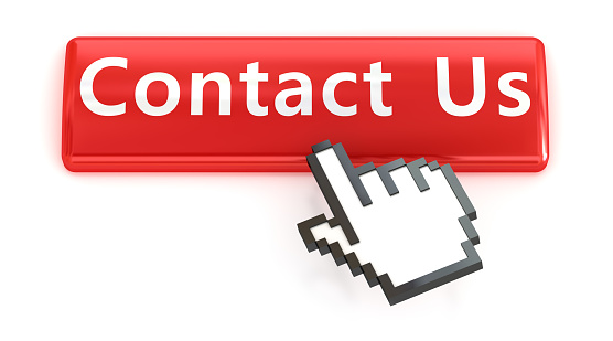 Contact Us. Red push button with click hand cursor isolated on the white background. Web design icon sets.