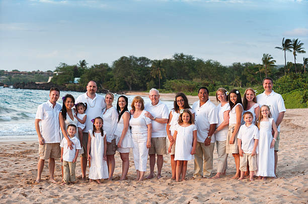Large Family Portrait at the Beach  family reunion stock pictures, royalty-free photos & images