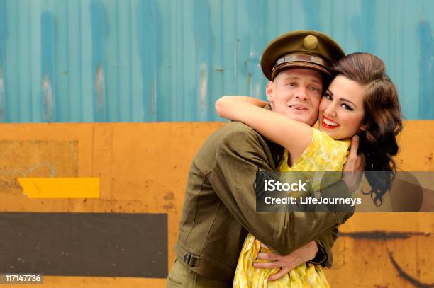 Wwii Soldier On Leave And Embracing His Girl Stock Photo - Download Image Now - Retro Style, Adult, Adults Only