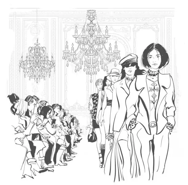 Vector illustration of Young fashion models defile