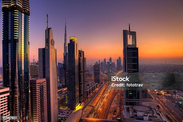 Skyline Of Dubai Financial District Stock Photo - Download Image Now - Dubai, Sunset, Sheikh Zayed Road