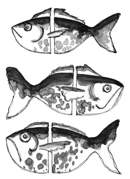 istock Set of three black and white abstract fish. Texture spots and stripes. Hand drawing ink and feather painting on white background clip art graphic elements for creative design and print decor. 1171480306