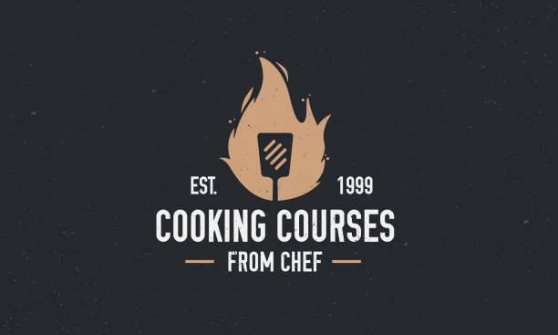 Vector cooking icon with spatula and fire flame. Label, badge for food studio, cooking courses, culinary school. Vector illustration Vector illustration chef cooking flames stock illustrations