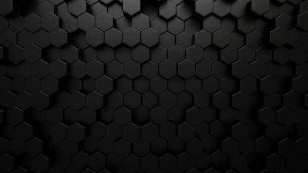 fondo tecnológico abstracto negro con células hexagonales. ilustración 3d de la estructura del panal. - hexagon tile pattern black fotografías e imágenes de stock