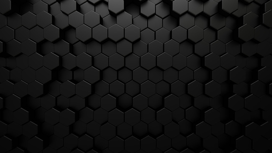 Black abstract technological background with hexagon cells. 3d illustration of honeycomb structure.