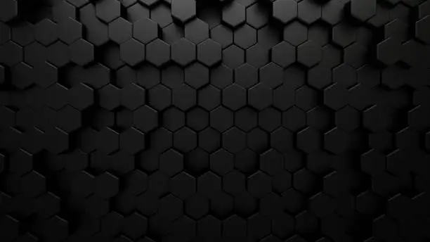 Photo of Black abstract technological background with hexagon cells. 3d illustration of honeycomb structure.
