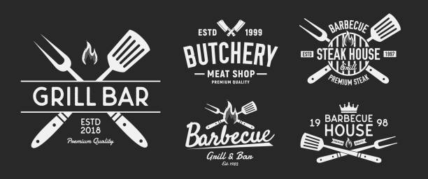 Vintage BBQ badges and labels set isolated on black background. Barbecue logo templates. Vector illustration Vector illustration bbq logos stock illustrations