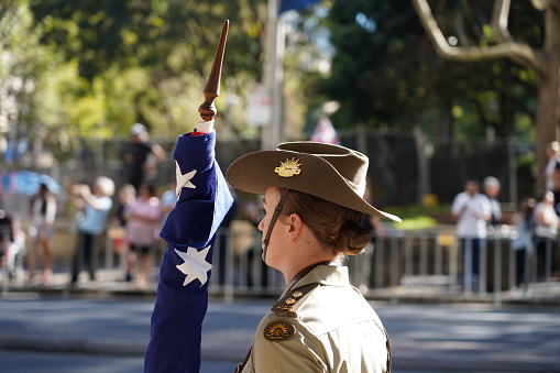 Sydney, Australia - April 25, 2019: Soldiers, veterans and their families from different countries take part in the ANZAC parade to remember those who served and the ones who did not make it home.