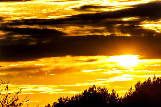 Bright sunset on the background of cloudy sky.
