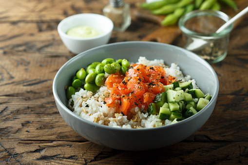 Healthy salmon poke bowl