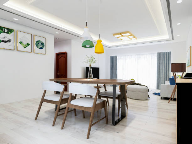 istock Dining area in the modern and elegant living room, solid wood dining table and dining chair, surrounded by cabinets, refrigerators and various decorations 1171488672