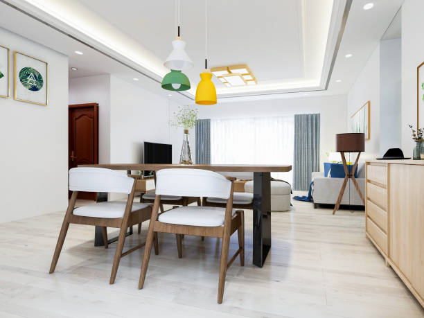 istock Dining area in the modern and elegant living room, solid wood dining table and dining chair, surrounded by cabinets, refrigerators and various decorations 1171488677
