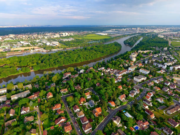 Aerial photo of Denouval district in Andresy stock photo