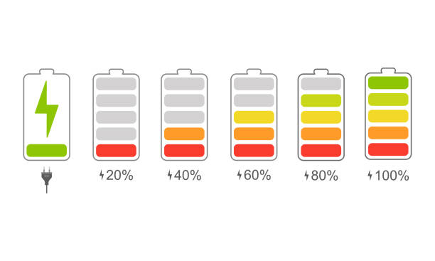 battery information A set of icons of the information state of the battery. A set of indicators of the level of charge of the battery. Information icons for charging the phone's battery. Vector illustration. phone charging station icon stock illustrations