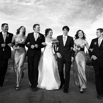 Newlyweds with their bridesmaids and groomsmen, outdoor. Some motion blur.