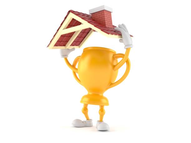 Golden trophy character holding roof isolated on white background. 3d illustration