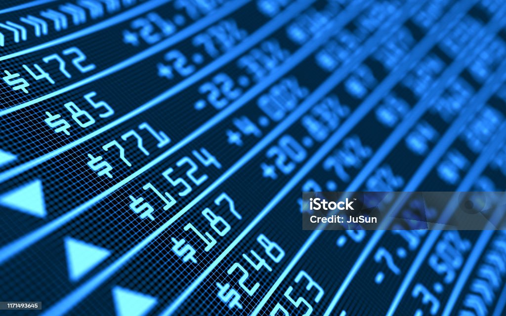 Stock market business graph chart on digital screen. Success and loss money concept. Trading screen board. Financial 3d illustration. Stock Market and Exchange Stock Photo