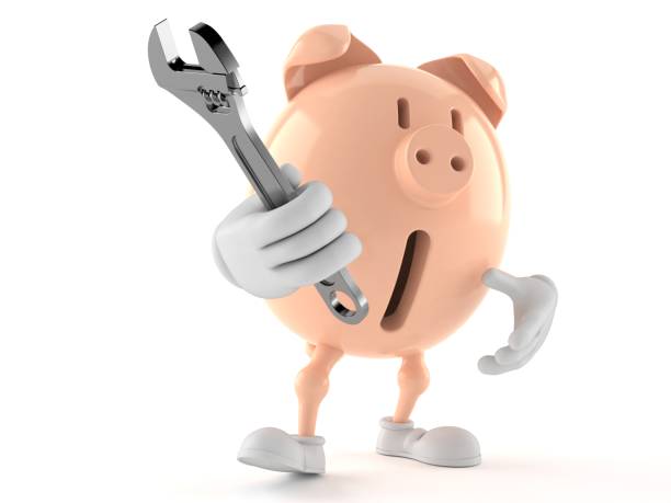 istock Piggy bank character holding adjustable wrench 1171494731