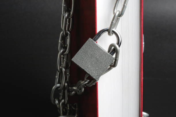 istock vertically standing part of the book on which hangs a metal chain padlock, book red 1171494976