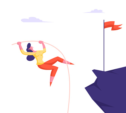 Business Competition Concept with Young Businesswoman Pole Vaulting on Top of High Mountain with Red Flag on Peak. Jump to Success, Career Boost and Leadership Concept Cartoon Flat Vector Illustration