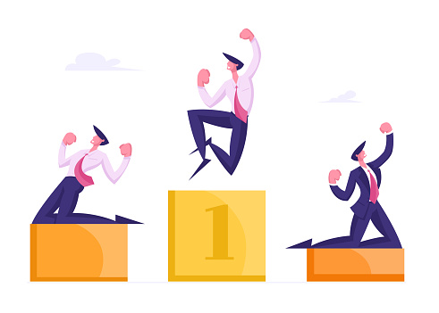 Happy Business People Stand on Winners Pedestal with Hands Up Crying Yeah, Cheerful Men Workers with Most Great Result Best Employee Managers Celebrate Successful Deal Cartoon Flat Vector Illustration