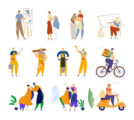 Set of Different Human Professions and Job Occupations. Painter Dress Designer Sculptor Architect, Road Repair Workers, Food and Parcel Delivery, Barber Hairstylist Cartoon Flat Vector Illustration