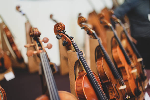 istock Details with the scroll, peg box, tuning pegs, strings, neck and fingerboard of a violin before a symphonic classical concert 1171499587