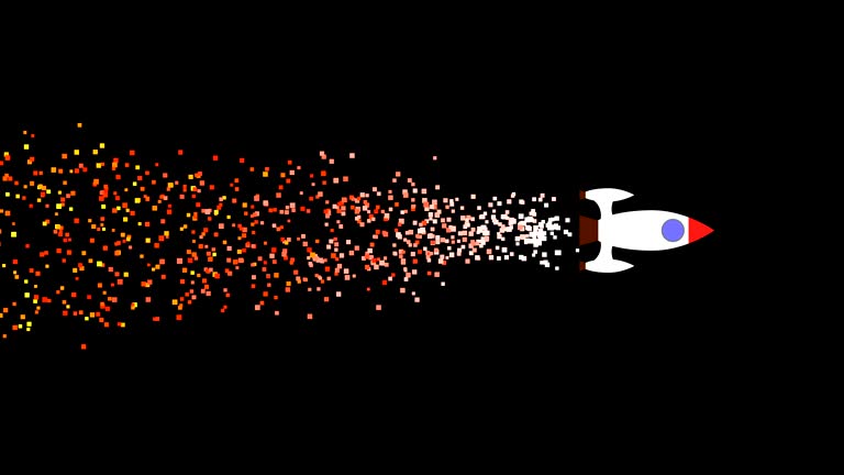 Pixel rocket launch footage. Cartoon spaceship takeoff animation isolated on black background. Space ship moving up with orange trail. Startup launch, success and goal achieving concept 4k video