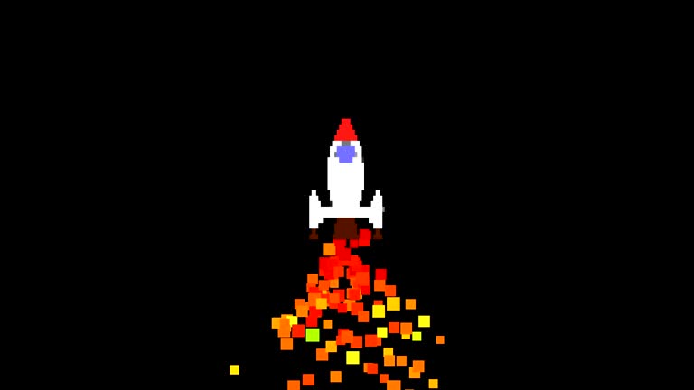 Pixel rocket launch footage. Cartoon spaceship takeoff animation isolated on black background. Space ship moving up with orange trail. Startup launch, success and goal achieving concept 4k video