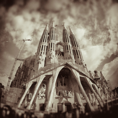 Milan, Italy - July 13, 2021: Panoramic rooftop view of the majestic Cathedral of Milan, Italy.