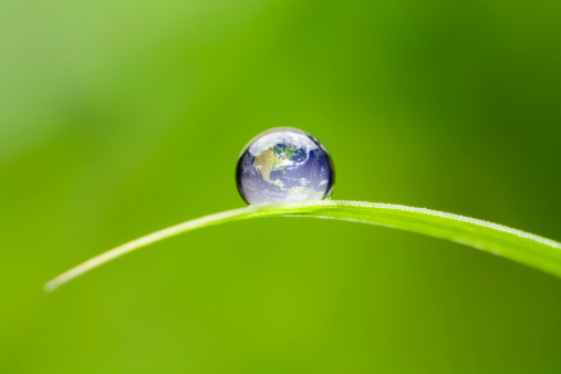 Macro 4x of a waterdrop on a green blade of grass reflecting our earth. Focus on foreground. Shallow depth of field. North America earth orientation.