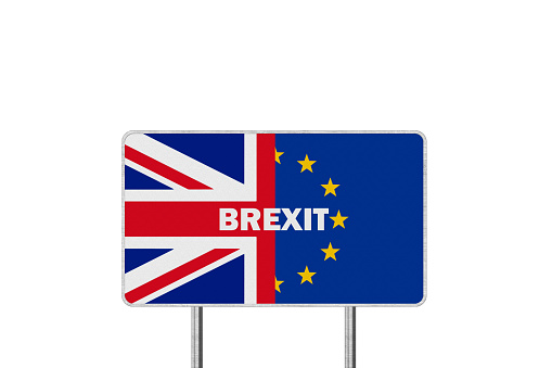Brexit Concept. Road Sign With Half of European Union flag and Great Britain flag