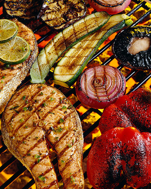 Grilling Seafood with vegetables stock photo