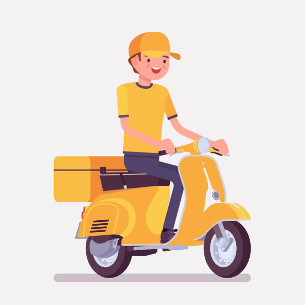 illustrazioni stock, clip art, cartoni animati e icone di tendenza di ragazzo delle consegne di scooter - food motivation driving drive