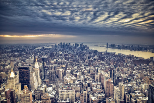 Aerial view of Manhattan with dramatic sky
